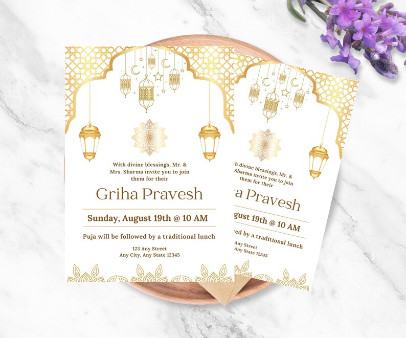 Griha Pravesh Invitation - Elegant Gold Hindu Housewarming Card ...