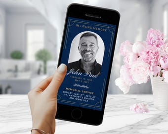May include: A blue and gold digital memorial card with a photo of a man and the text "In Loving Memory John Paul February 19, 1960 - May 5, 2025 Memorial Service: Sunday, May 8th, 2025 at St. Anthony's Church Anytown, USA"
