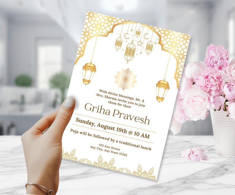 Griha Pravesh Invitation - Elegant Gold Hindu Housewarming Card ...
