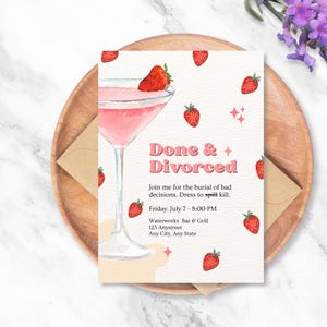Divorce Party Invitation With Strawberries and Watercolor – Editable Funny Breakup Invite for Women