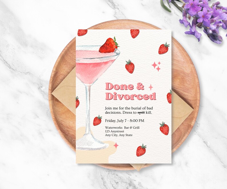 Divorce Party Invitation With Strawberries and Watercolor – Editable Funny Breakup Invite for Women