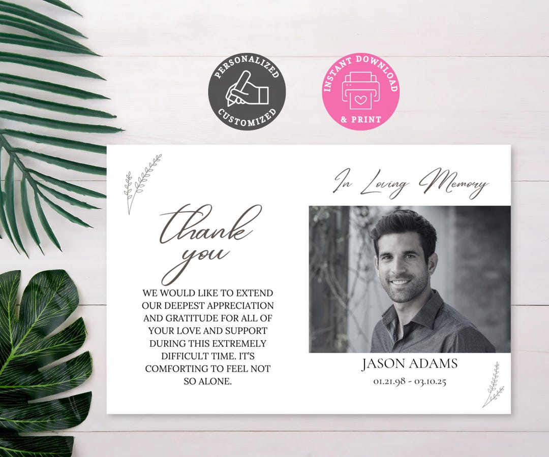 Printable Modern Funeral Thank You Card Template - Editable Elegant One ...