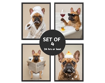 Funny Dog Bathroom Art Set of 4 - Custom Dog Portrait from Photo - Personalized Pet Wall Decor Gallery Set - Printable Digital Download