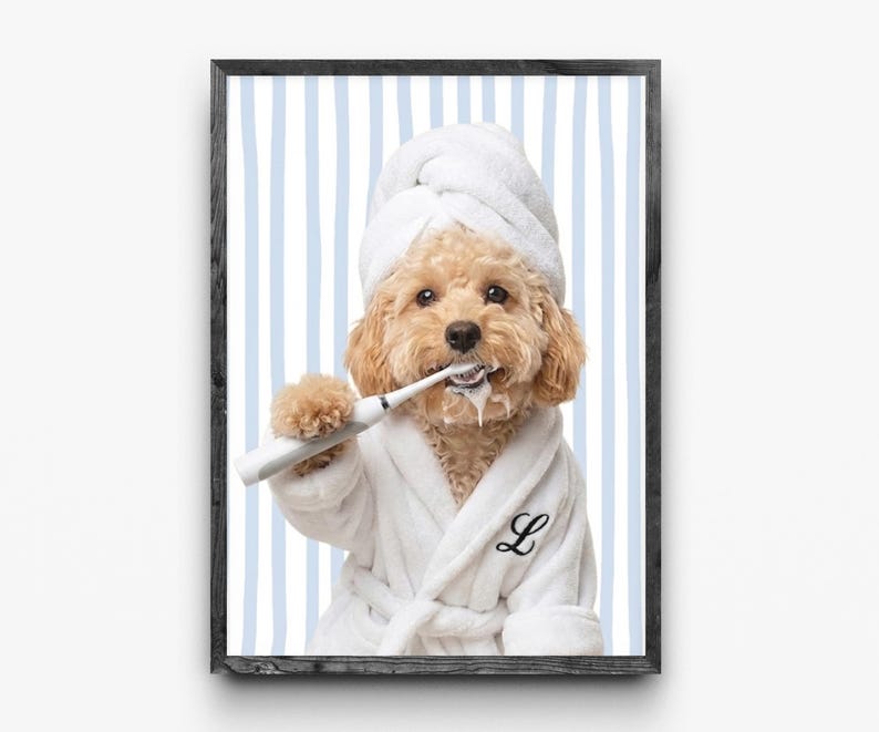 Funny Dog Bathroom Art: Coastal Stripes