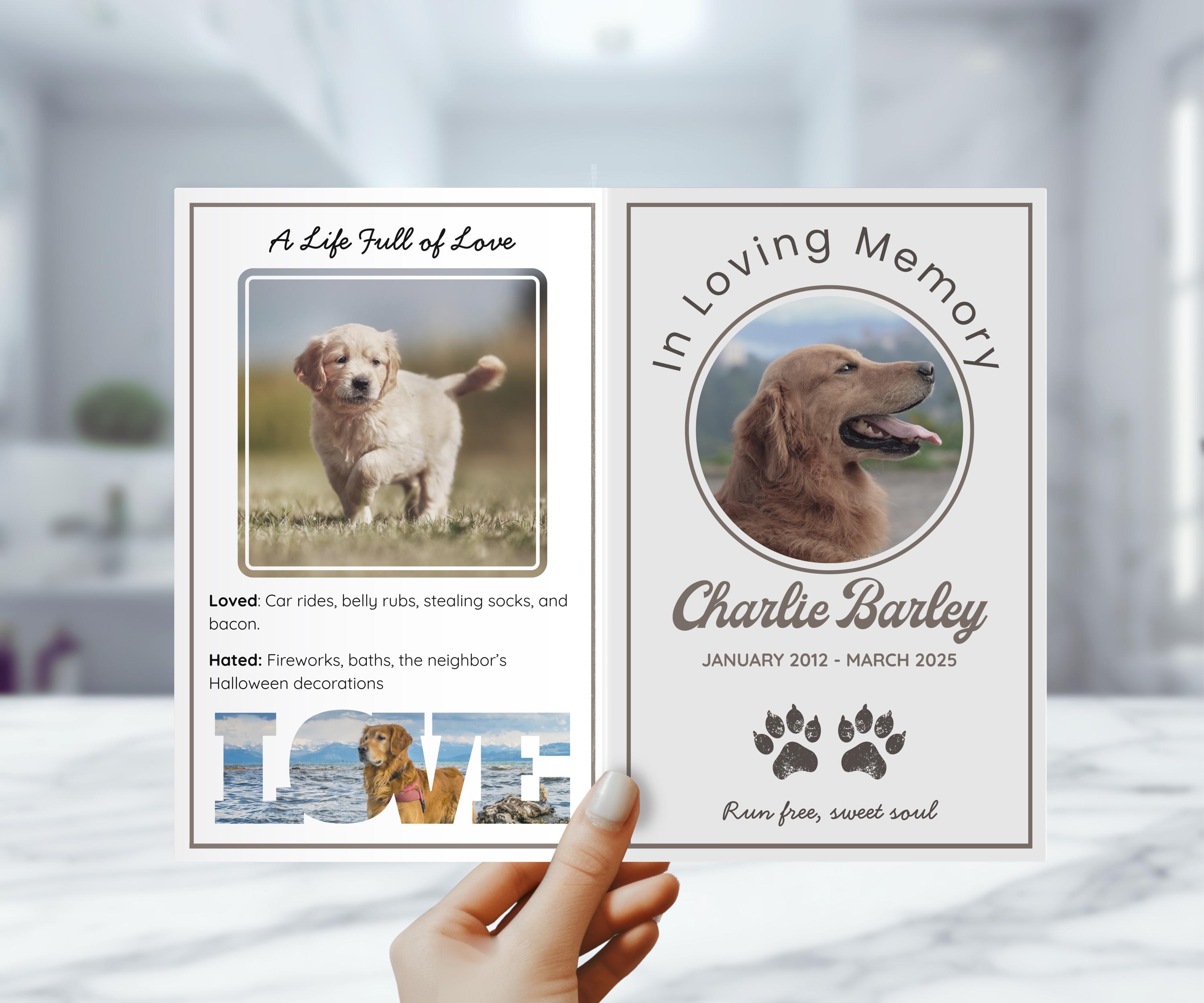 Dog Funeral Program Template - Editable Pet Memorial Booklet