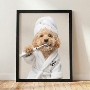 Custom Dog Brushing Teeth Portrait – Funny Pet Bathroom Art – Personalized Dog Toothbrush Wall Prints