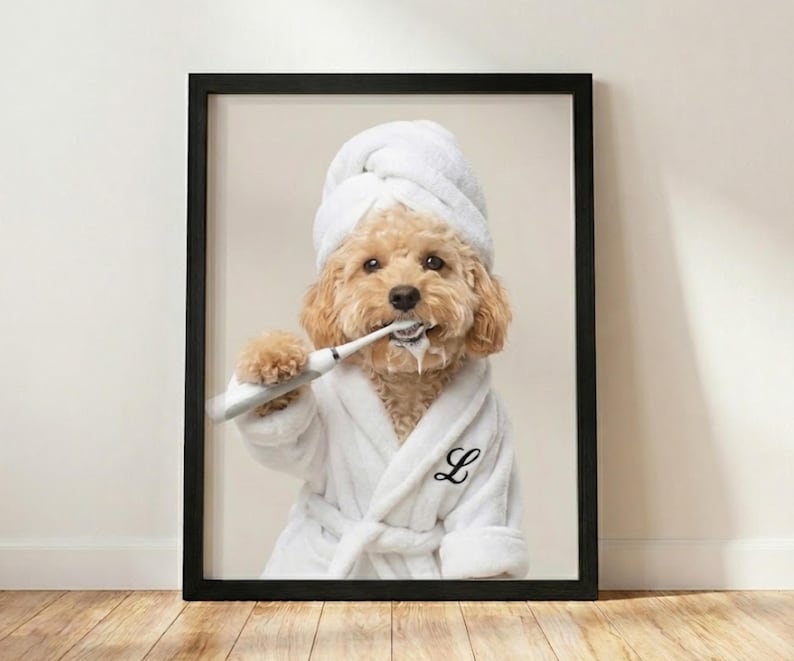 Custom Dog Brushing Teeth Portrait – Funny Pet Bathroom Art – Personalized Dog Toothbrush Wall Prints