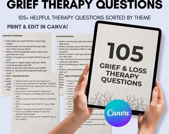 May include: A digital tablet displays "Grief & Loss Therapy Questions" with 105 prompts. The image includes a list of questions sorted by theme, such as "Emotional Validation" and "Unfinished Business." The Canva logo is visible.