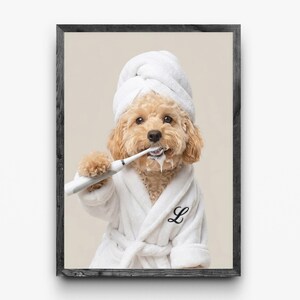 Funny Dog Bathroom Art: Brushing Teeth in a White Robe