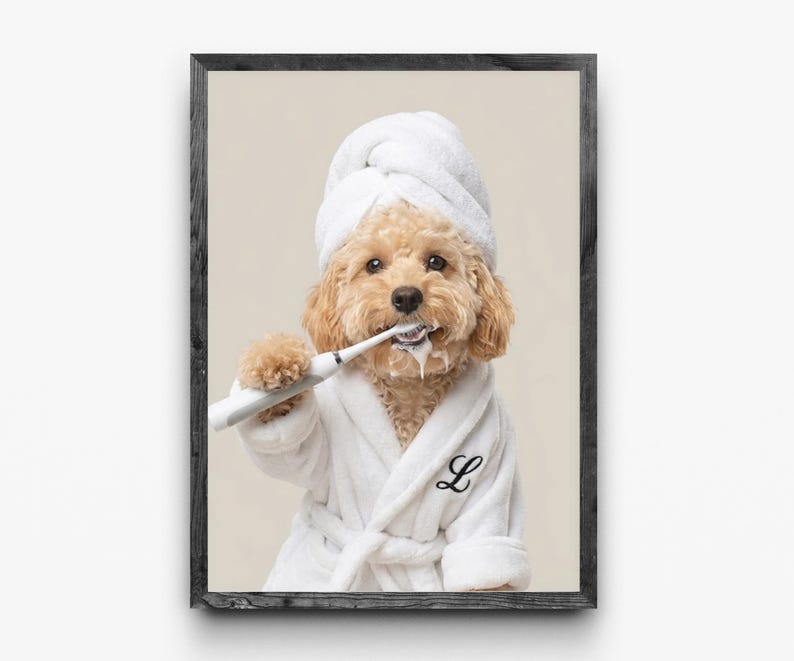 Funny Dog Bathroom Art: Brushing Teeth in a White Robe
