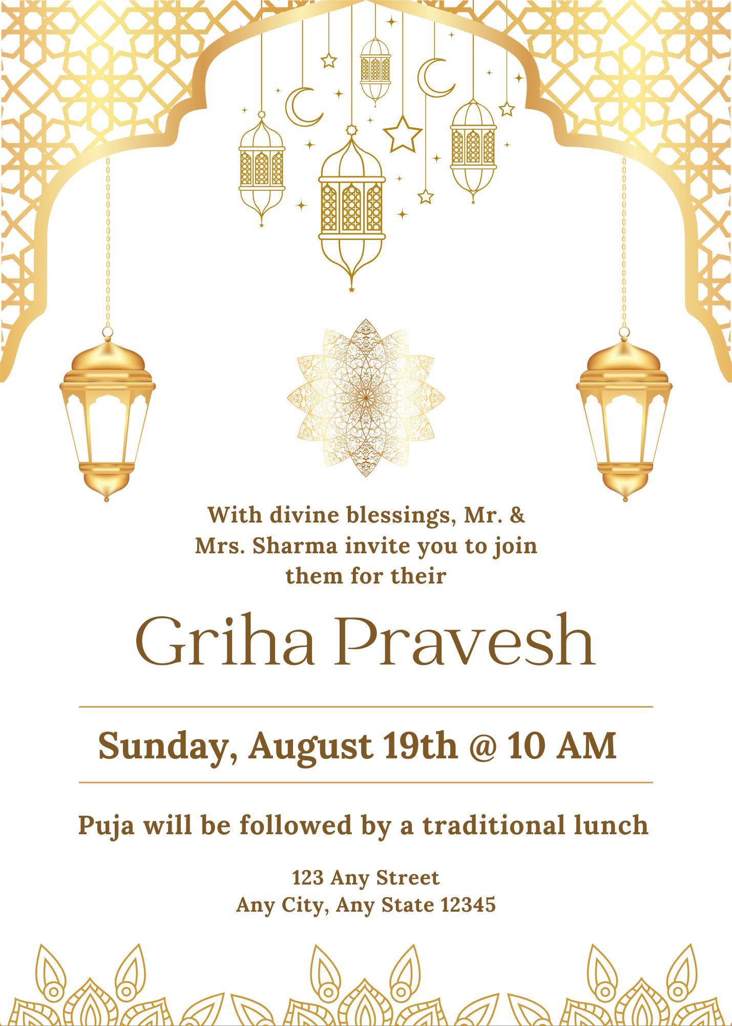 Griha Pravesh Invitation - Elegant Gold Hindu Housewarming Card ...