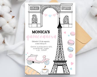 Paris Quinceañoeinladung bearbeitbare Vorlage - Sweet 15 Digital Download - Eiffelturm druckbarer Geburtstag Canva Invite