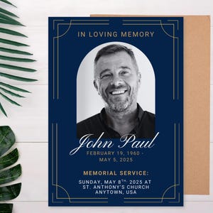 Faire-part pour les funérailles d'un homme - Carte de service commémorative modifiable - Modèle sur toile In Loving Memory - Célébration de la vie - Téléchargement immédiat