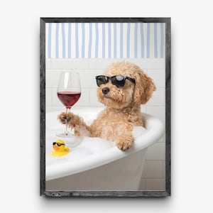 May include: A framed print features a dog in a bathtub wearing sunglasses and holding a glass of red wine. A yellow rubber ducky with sunglasses floats in the bubbles. The background has a blue and white striped pattern.