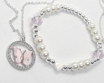 Zestaw prezentowy na urodziny dla dziewcząt z naszyjnikiem motylkowym, sentymentalna bransoletka z koralików w kształcie serca z motywem skorupiaka, prezent na walentynki, biżuteria dla dzieci na co dzień