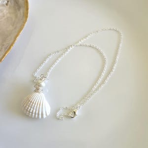 Seashell  Necklace, Ocean Theme Gift White Shell, Hand Wrap Natural Pendant Seashell, Glass Pearl Silver Plated Brass Necklace Gift For Her.