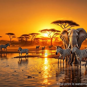 Safari väggtavla - Elefant, Zebra, Solnedgång, Vilda djur, Afrikansk, Giclée, Hem, Kontor, Sovrum, Dekor, Oramad, Flytande ram - 3 färger