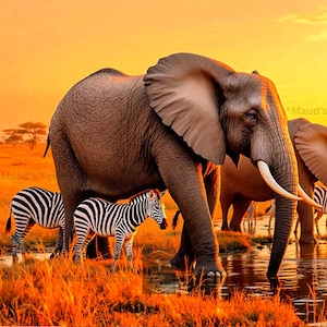 Safari väggtavla - Elefant, Zebra, Solnedgång, Vilda djur, Afrikansk, Giclée, Hem, Kontor, Sovrum, Dekor, Oramad, Flytande ram - 3 färger