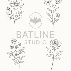 May include: A set of five black and white line drawings of flowers. The flowers include a rose, cosmos, and baby's breath. The drawings are simple and elegant, and would be perfect for a tattoo or other art project. BATLINE STUDIO is written in black text below the drawings.