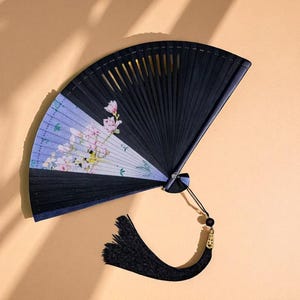 Purple Blossom Bamboo Folding Fan: Elegant Spring Garden Accessory