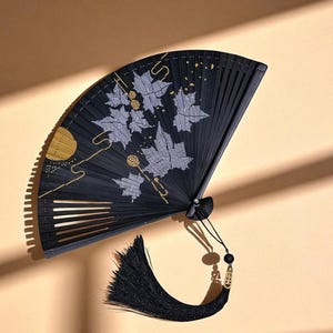 Minimalist Bamboo Fan for Cosplay or Elegant Events | Black Folding Hand Fan with Gold Leaf Design & Tassel | Gift for Women