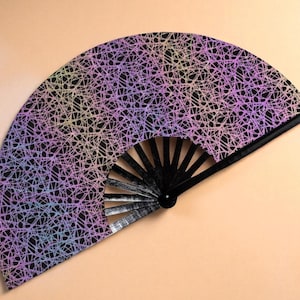 Geometric Reflective Rave Fan | Holographic Folding Hand Fan | Rainbow Bamboo Dance Fan | EDM Festival & Cosplay Performance Accessory