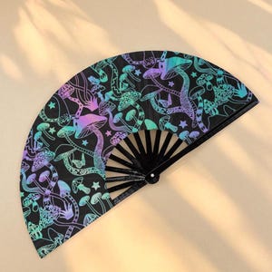 Reflective Mushroom Folding Fan | Neon Rave Bamboo Fan | Psychedelic Holographic Hand Fan | Festival & Cosplay Party Accessory
