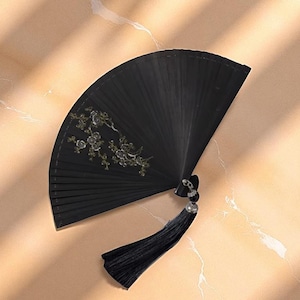 Black Bamboo Fan for Weddings or Cosplay Events | Embroidered Folding Hand Fan with Tassel | Elegant Performance Gift for Women