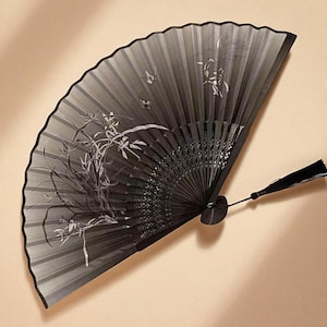 Black Bamboo Ink Painting Silk Folding Fan for Hanfu & Cheongsam | Portable Summer Hand Fan with Tassel • Chinoiserie Accessory