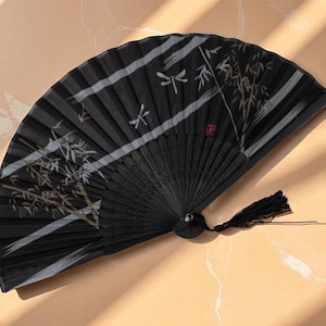 Black Bamboo Folding Fan with Dragon Motif | Lightweight Paper Hand Fan for Martial Artists, Minimalist Decor & Zen Gift for Women