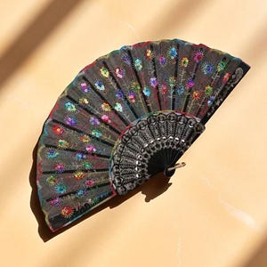 Lace Floral Embroidered Fan | Wooden Hand Fan | Flamenco Dance Folding Fan | Vintage Cosplay & Stage Performance Accessory