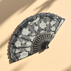 White Rose Lace Folding Fan | Floral Bamboo Hand Fan | Romantic Victorian Style Fan | Flamenco Dance & Cosplay Accessory