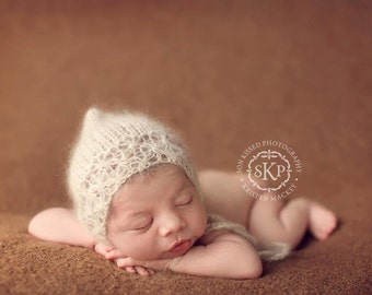 LACE pixie bonnet - newborn knit baby hat photo prop - silk and mohair newborn hat