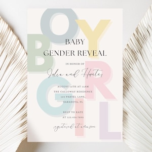 Invitación de revelación de género con letras bohemias (alfabeto), minimalista y moderna, para bebé niño o niña, en tonos pastel neutros, con bloques de letras para bebé, Boom Chicka