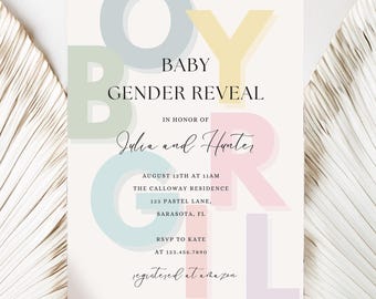 Boho ABCs Gender Reveal Invitation, Minimal Modern Baby Boy or Girl He or She Invite, Pastel Gender Neutral, Baby Letter Blocks, Boom Chicka