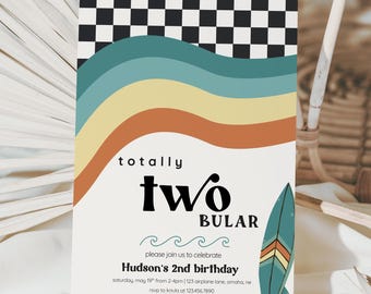 Totally Twobular Editable Surf 2nd Birthday Invitation for Boy Template | TWO-bular Modern Surf Boy Second Bday Two Rad Invite Surfing Retro