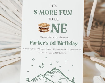 S'more Fun to be One, ONE happy camper invitation, boy 1st birthday party camping adventure, first national park invite one year Mountains