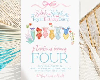 Princess Pool Party Birthday Invitation, Dress up Party, Summer Invite Swimsuits, Watercolor Splash Splash Royal Bash, digital download