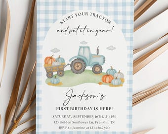 Traktor erste Geburtstagseinladung, Kürbis-Patch 1. einladen Herbst, Herbst-Pumpkin Pie Party One Blue Boy Kürbisse Start und legen Sie einen Gang ein