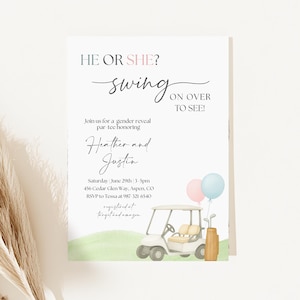 Puede incluir: Una invitación de revelación de género con el texto "He or She? Swing on over to see!" en una fuente de escritura. La invitación presenta una ilustración de acuarela de un carrito de golf, globos y una bolsa de golf.
