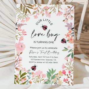 May include: A floral-themed invitation card with the text "OUR LITTLE love bug IS TURNING ONE". The card features pink flowers, green leaves, and ladybug illustrations. The invitation includes event details.