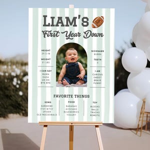 First Year Down Birthday Milestone Board, Football Birthday, First Birthday Sign, Boy 1st Birthday, Game On, Sage green Poster Stats Photo
