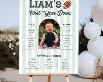 First Year Down Birthday Milestone Board, Football Birthday, First Birthday Sign, Boy 1st Birthday, Game On, Sage green Poster Stats Photo