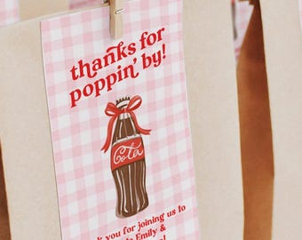 She's Ready to Pop Baby Shower thank you tags, Thanks for popping by Party Soda, Cola Boy Girl Bow Theme Party, Pink gift bag party favors
