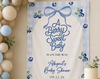 Berry Sweet Baby Shower Wall Banner, Blueberry Gender Neutral Welcome Sign, boy or girl summer blue Gingham party photo backdrop tapestry