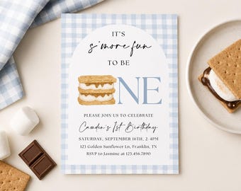 S'mores Birthday Invitation Bonfire Birthday Invite, Smore Fun to be One Backyard Camping Fall Camp Campfire 1st First One Happy Camper Blue