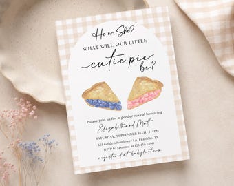 Cutie Pie Is on the way Gender reveal Baby Shower Invitation, Pink or blue boy or girl Fall Autumn Thanksgiving Party Invite Sweetie Pie