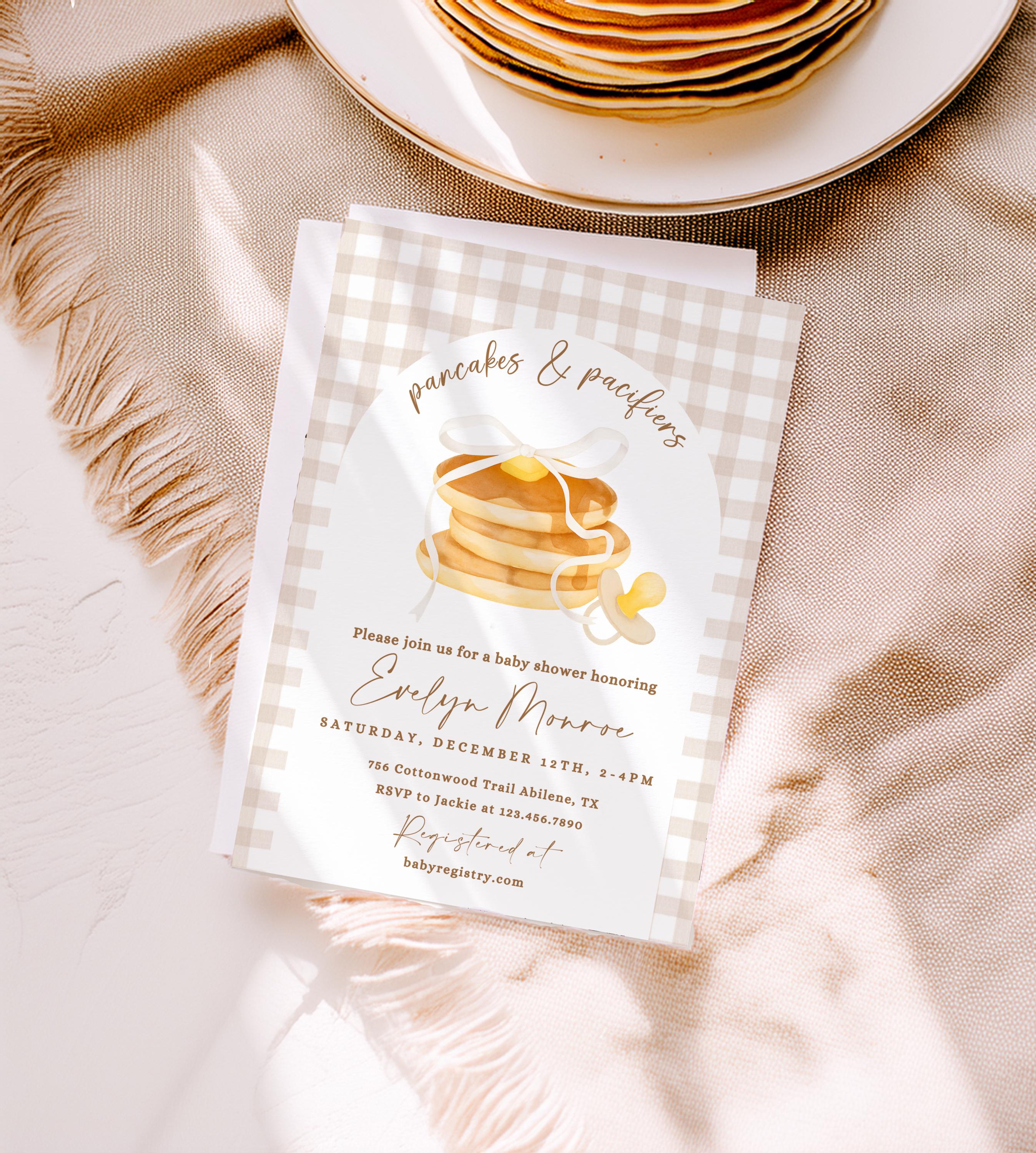 Pancakes and pacifiers pampers, Bows Brunch Baby Shower Invitation,  sprinkle breakfast Party Invite vintage stripe boy girl gender neutral, image size:2695x3000