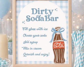 Blau Dirty Soda Bar Schild, Sie ist bereit für Pop-Babyparty, Party-Schild Soda Bar Anleitung Richtungen Cola Boy Bow Thema Party, Dekor