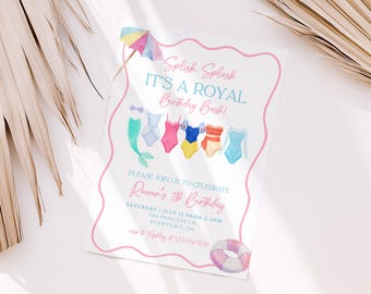 Prinzessin Pool-Party-Geburtstags-Einladung, Splish Splash Royal Bash, Aquarell Einladen Tiara Kronen Kleider, Badeanzug 2.3.4.5.6.7